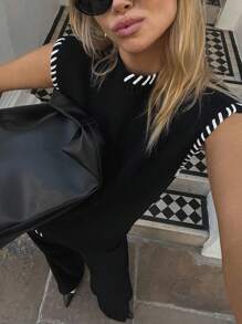 SHEIN Frenchy Gilet tricoté à col rond décontracté pour femmes, avec couture contrastée. Pull tricoté, convient pour les déplacements quotidiens. Superposition pour l'automne, nouvelles arrivées pour l'automne et l'hiver, pour le port quotidien et la superposition, retour à l'école, automne femmes, hauts mignons, hauts de sortie femmes, femmes old money, tenue décontractée femmes, toutes saisons - Noir et Blanc - Voir 2