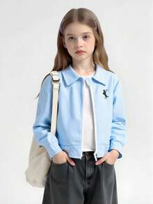 年轻女孩时尚条纹领夹克刺绣设计，适合日常休闲穿着 - 藍色 - 查看 3