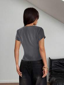 StreetHx Women's Casual Striped Metal Decor Button-Up Short Sleeve Shirt, Spring - Grey - View 2