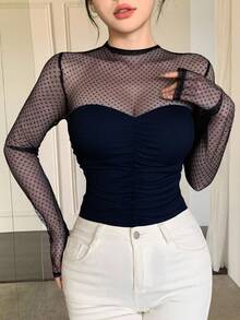 DAZY Áo thun tay dài chấm bi phối lưới gợi cảm thanh lịch dành cho nữ, phù hợp cho mùa thu, xuân và hè - Màu xanh hải quân - Xem 4