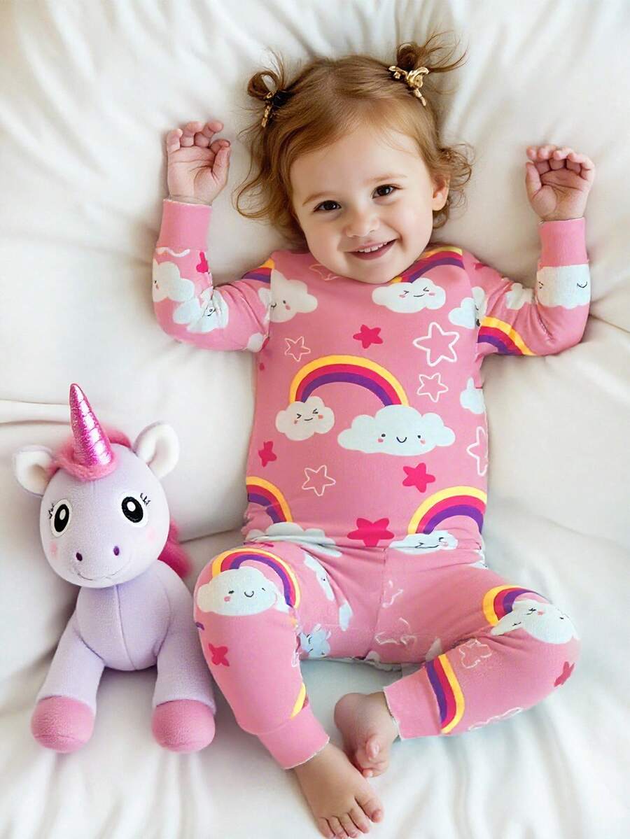 SHEIN 2pcs Baby Girls' Cute Rainbow Cloud Star Print Knitted Elastic Fabric Round Neck Long Sleeve Pajama Set, Snug Fit Tight Fit Pajamas Fall Winter - Multicolor - View 1