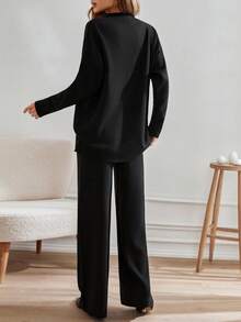 SHEIN Tall Completo da donna di grandi dimensioni composto da cardigan con dettagli in oro e pantaloni, 2 pezzi - nero - Visualizzare 2