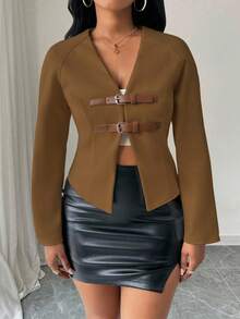 Zolique Chaqueta corta de unicolor, de moda para ir al trabajo, prenda de otoño/invierno para mujeres - Marrón - Ver 3