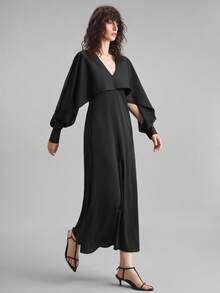 Ontre Hàng mới về năm 2025, Thu/Đông, Phong cách đô thị hiện đại, Đầm dài nữ, Màu đen, Vải dệt mềm, Cinched eo, Dáng rộng, Cổ chữ V, Thường ngày công sở, Đi làm, Trang phục hàng ngày, Xẻ tà, Sang trọng đô thị, Tối giản thanh lịch - màu đen - Xem 6