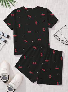 Emery Rose Kids Emery Rose Kids 2pcs Tween Girls Casual Simple Cherry Print Short Sleeve T-Shirt And Shorts Set, Suitable For Summer Cherry Clothes Tween Fruit T Shirt Girls Y2k Kawaii Shirt Cherry Shirt - Multicolor - View 3