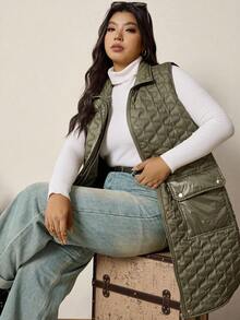 Zelara 加大码女式防水实用口袋拉链前开无袖冬季外套女式背心女式外套 - 軍綠色 - 查看 4