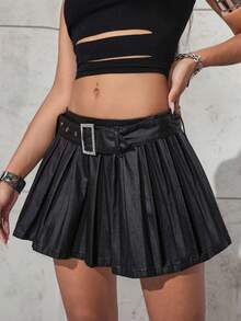 SHEIN Unity Minifalda plisada con diseño de hebilla en la cintura, unicolor para mujer - Negro - View 3