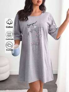 EURMUSE Vestido de dormir básico feminino plus size com estampa de animal fofo - Cinza - Ver 1