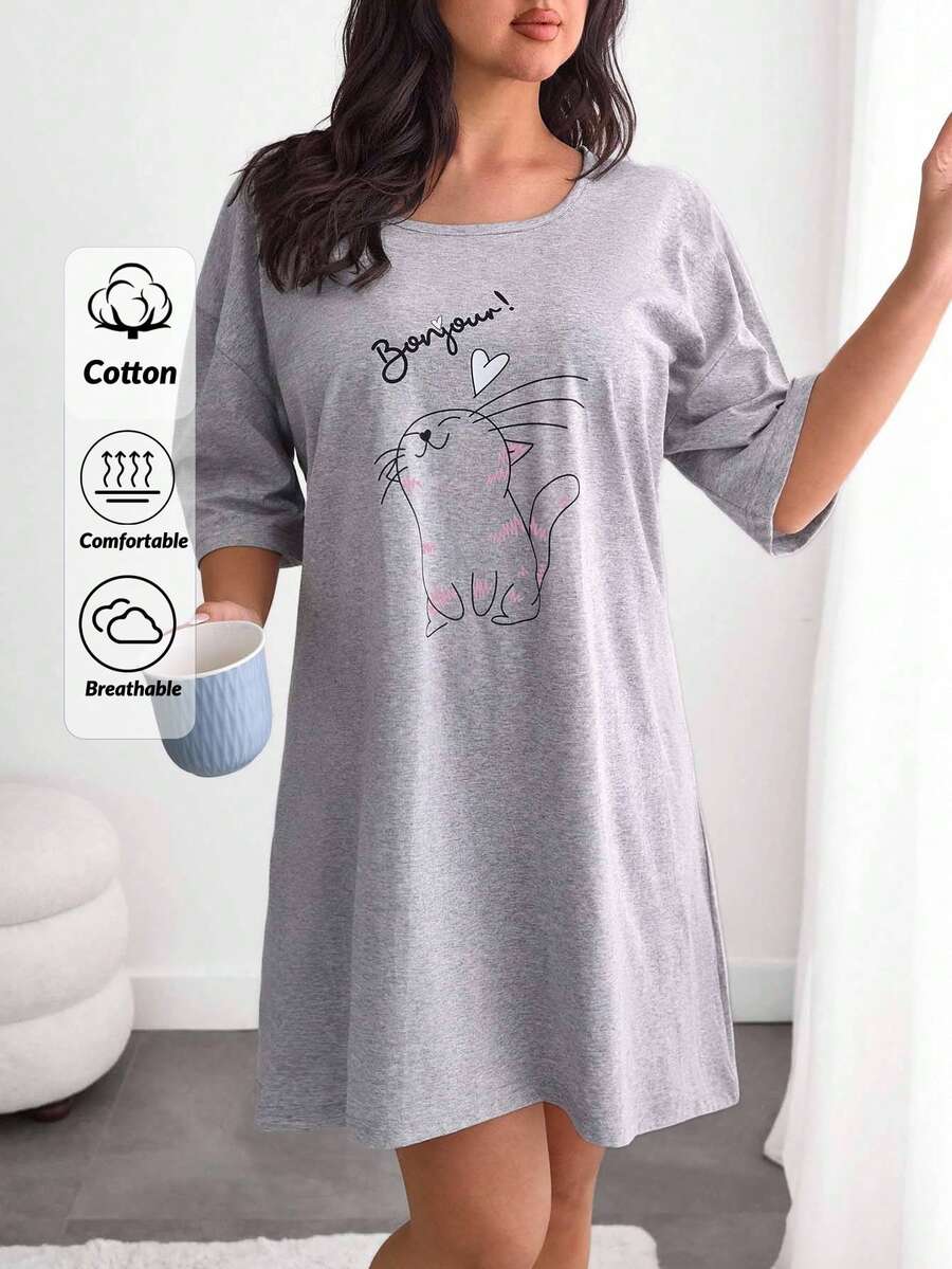 EURMUSE Vestido de dormir básico feminino plus size com estampa de animal fofo - Cinza - Ver 1