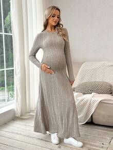 SHEIN 孕妇针织圆领长袖罗纹休闲连衣裙 - 杏色 - 查看 1