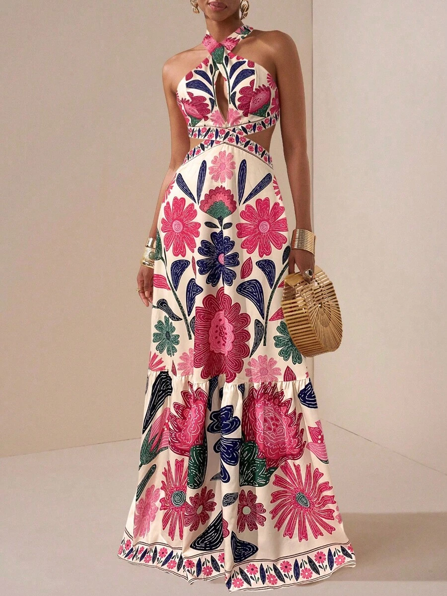 Zivah Mùa cưới New Wave 2025 Phong cách Simian Kỳ nghỉ đầy màu sắc Hẹn hò hàng ngày Tiệc sinh nhật Cổ chữ thập Halter Khoét sâu Ngực trước Eo lộ Dây đeo sau Nơ Viền trang trí