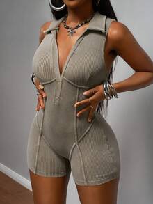 Slaydiva Women's Casual Sleeveless Bodycon Romper, Summer Bodycon Jumpsuit Ribbed Jumpsuit Sleeveless Jumpsuit - Khaki - View 5