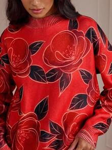Lilora Red Floral,Autumn,Elegant,Family Casual Print Long Sleeve Sweater,Super Soft Graphic Rose Emory Rose Retro Chic Modest Formal Event Party Date Night - Multicolor - View 1