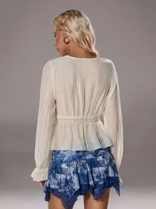 TRNVIE 1 件杏色秋冬波西米亚街头 V 领修身纹理贝壳珠和流苏装饰荷叶边下摆海滩度假波西米亚派对女式衬衫 - 杏色 - 查看 2