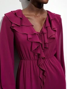 Maija Women's Magenta Chiffon Elegant V-Neck Long Sleeve Ruffle Dress,Autumn Semi-Sheer Textured Tie Waist Asymmetric Hem Boho Dress,Bar Party Casual Outfit - Red Violet - View 7