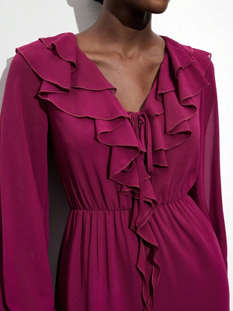 SHEIN Maija Women's Purple Chiffon Ruffled Accent Semi-Sheer Textured V-Neck Long Sleeve Dress With Tie Waist, Asymmetric Hem, And Ruffle Trim, Versatile For Casual, Vacation, Music Festival, Western, Boho Chic Ruffle Dress Ruffle Dresses For Women Long Sleeve Ruffle Dress Magenta Ruffle Dress Modern Vacation Nomadic Casual Fashion All-Match Women's Country Concert Clothing Western Style Women's Clothing Nomadic Style Bohemian High-End Elegance All-Match Country Concert Clothing Burgundy Dress,Fall
