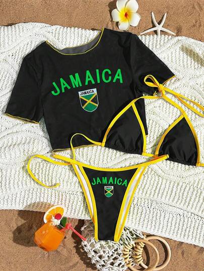 SHEIN Swim 3pcs Women's Spring Break Green Strap Top & Thong Bottoms & Round Neck Short Sleeve Casual Sporty Bikini Set, Festival Boho Style For Summer Beach Vacation