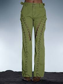 MUSERA Lace Up Detail Denim Jeans Summer Sexy Festival Holiday Ibiza Rave Boho Cut Out Vacation Escapade Y2k Fall Autumn Winter Nashville Chic Spring - Army Green - View 2