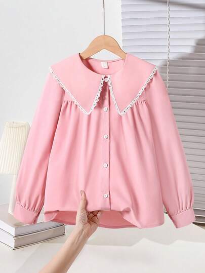 SHEIN 女童可爱优雅百搭长袖衬衫，白色衬衫，宽松版型，舒适透气，白色纽扣，可爱蕾丝领，适合上班聚会，秋季新品，可内搭或外穿