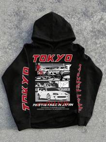 SHEIN Bolty Tween Boy Autumn New Arrival, Casual Minimalist Style, Graffiti Handpainted Vintage Car, Academic Style, English Letter, Sporty Style, Street Style, Y2K Cartoon Pattern Loose Fit Thick Sweatshirt, Suitable For Autumn/Winter Fall - Black - View 2