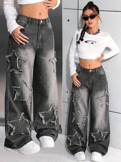 SHEIN 少女 Y2k 时尚休闲宽松阔腿牛仔裤，星星拼接，阔腿裤，女孩秋季返校服装