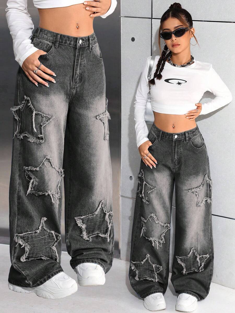 SHEIN 少女 Y2k 时尚休闲宽松阔腿牛仔裤，星星拼接，阔腿裤，女孩秋季返校服装 - 黑色 - 查看 1