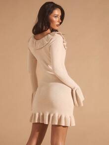 Glamine 女士纯色荷叶边领喇叭袖针织连衣裙，秋季时尚 - 杏色 - 查看 7