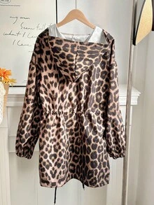 SHEIN EZwear Plus Size Leopard Print Drawstring Hooded Jacket, Casual For Spring And Autumn Winter Fall - Multicolor - View 2