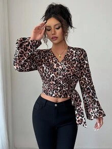 Elenzga 女士新款交叉领蝴蝶结短款灯笼袖衬衫，适合日常通勤、郊游、购物、音乐节等场合，春秋季 - 彩色 - 查看 4