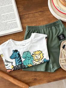 SHEIN 2pcs Baby Boys Casual Cute Animal Crayon Print Loose Fit Round Neck Knitted Top T-Shirt & Knitted Shorts 2 Pieces Set, Suitable For Spring/Summer Wear, Indoor And Outdoor - Green - View 6