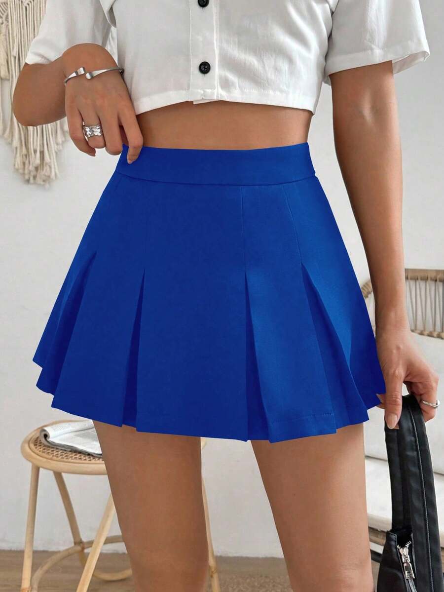Chiquease Falda sólida de color liso en estilo preppy casual para mujer - Azul Marino - Ver 1