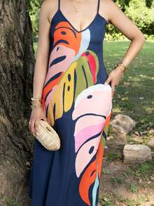 Melissa Matos Women's Palm Leaves Printed V-Neck Spaghetti Strap Color Block Summer Dress Maxi Women Outfit - Navy Blue - View 3