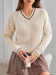 SHEIN Tall Tall Size Casual Frenchy Cable Knit Sweater,Jumper,Cream Jumper,Jumpers For Women,Jumpers,Black Jumper,Womens Jumper,White Jumper,Women's Jumper,Women's Jumpers,Winter Clothes - Apricot - View 5