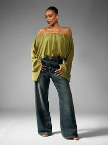 MISSGUIDED Off Shoulder Shimmering Blouse Long Bell Sleeve Elastic Top Olive Green Metallic Party Evening Club Occasion Wear Fall Winter Elegant Draped Silhouette Christmas - Green - View 5