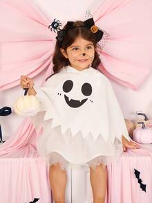 Baby Girl Halloween Cute Expression Print Mesh Patchwork Hooded Dress - White - View 6