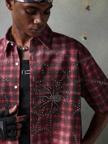 NEON BLANC Men's Summer Fashion Red Plaid Spider Web Rhinestone Denim Shirt - Red - View 4