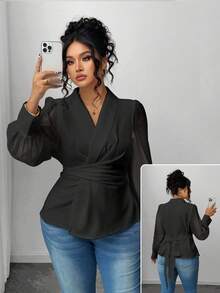 Elenzga Blusa de manga larga con escote en V, parches de malla transparente y lazo, de unicolor, para mujer de talla grande, elegante y de uso casual para la oficina