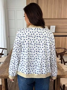 Weeklong Jaket Ukuran Besar Warna Putih dengan Motif Hati Biru dan Kantong Resleting, Gaya Kasual untuk Wanita Musim Gugur dan Musim Dingin - MultiWarna - View 2