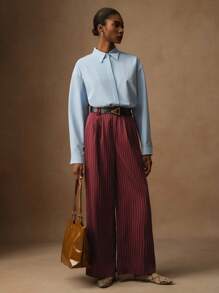 Vesra 女士通勤简约条纹褶皱阔腿宽松裤 - 酒紅色 - 查看 6
