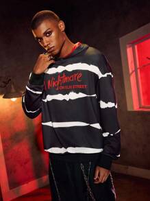 A Nightmare on Elm Street X SHEIN Áo hoodie dáng rộng thoải mái họa tiết kinh dị tối màu và chữ cái cho nam, mùa xuân/thu - màu đen - Xem 3