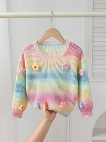 SHEIN Jersey de manga larga con cuello redondo, decoración de flores 3D y rayas de colores para niñas jóvenes - Multicolor - Ver 1