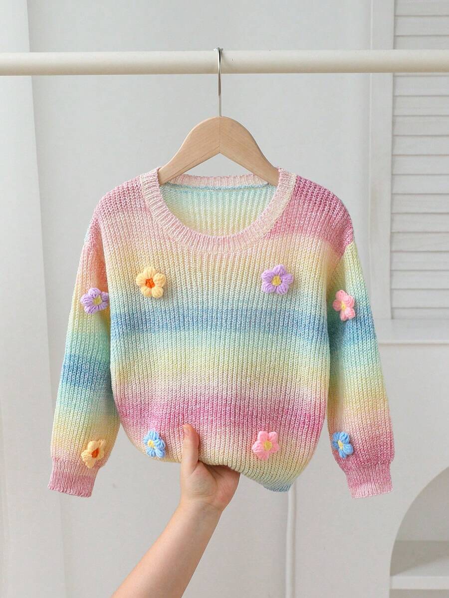 SHEIN Jersey de manga larga con cuello redondo, decoración de flores 3D y rayas de colores para niñas jóvenes - Multicolor - Ver 1