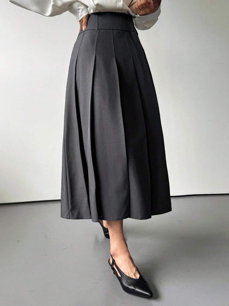Women's Solid Color Pleated A-Line Skirt With Slit, Casual Retro College Style Long Skirt, Autumn/Winter Leather Skirt