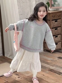 DAZY 女童圆领撞色缝线装饰长袖卫衣，秋冬季 - 灰色 - 查看 3