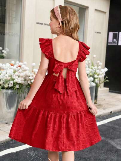 SHEIN Tween 女童荷叶边袖露背蝴蝶结装饰方领纹理连衣裙