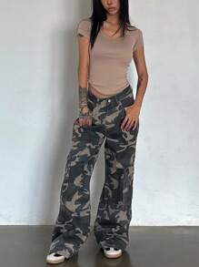 FRIFUL 女式宽松休闲迷彩工装牛仔裤 - 灰色 - 查看 2