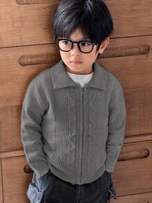 SHEIN Young Boys' Casual Twist Floral Front Zip Knit Cardigan Boys Cardigan Boys Zip Up Sweater Boys Knit Cardigan Boys Sweater Jacket Boys Knit Jacket Fall Winter