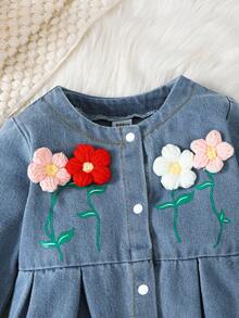 SHEIN 1 件女童/女宝宝休闲蓝色水洗牛仔花卉刺绣长袖连体裤 - 藍色 - 查看 8