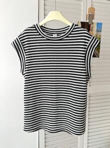 SHEIN 青少年女孩条纹圆领短袖休闲T恤，简约休闲家居服 - 黑與白 - 查看 4
