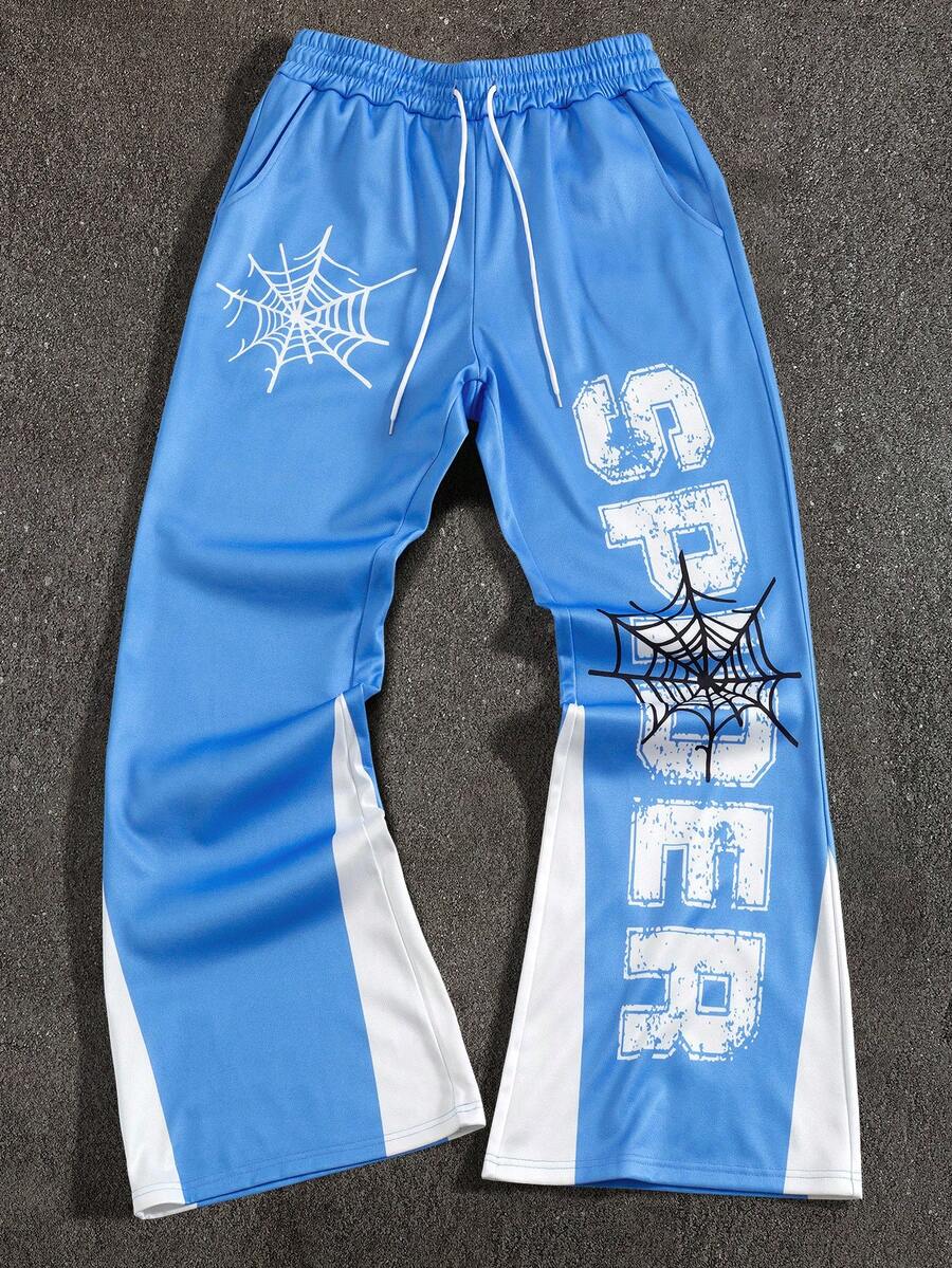 Manfinity EMRG Men's Blue And White Striped,Summer,Streetwear,City Break Spider Web Pattern Print Loose Sweatpants,Contrast Drawstring Y2k Street Casual Pants - Multicolor - View 1